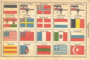 Flaggenkarte auf der Innenseite des Hinterdeckels (Anpappblatt) : Erinnerung an Sylt. Leporello mit Landschafts- und Architekturaufnahmen. Leineneinband, beschichtet und bedruckt; 8 x 12 x 1,6 cm (1892; Verlag Max Braune). Dresden: SLUB/DF 2006.A.435