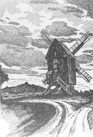 Ostrau (Saalkreis). Bockmühle auf dem Ostrauer Hügel, aus: Heimatkalender für die Muldenkreise Bitterfeld und Delitzsch, 1925