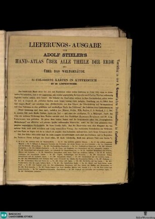 Karlsruher Tagblatt, Lieferungsausgabe von Adolf Stieler's Handatlas über alle Theile der Erde
