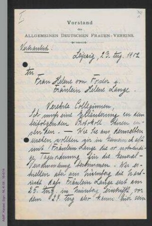 Brief von Henriette Goldschmidt an Helene von Forster und Helene Lange