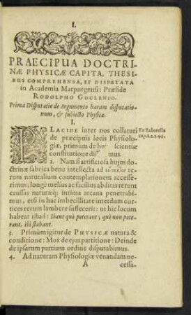 Prima Disputatio de Argumento harum disputationum, et subiecto Physicae.
