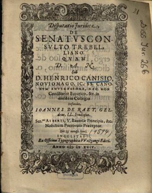 Disputatio Juridica, De Senatvsconsvlto Trebelliano