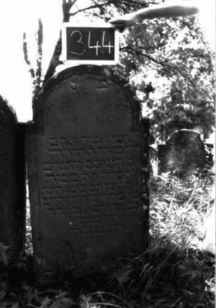 Grabstein 344 (Index: 100103058) Material: Sandstein Zustand: am Rand um im Bogenfeld leicht verwittert, sonst gut erhalten Maße HxBxT: 120x57x8 cm Beschreibung: Stele, eingezogener Rundbogenabschluss, Schriftfeld eingetieft: Grabstein 344