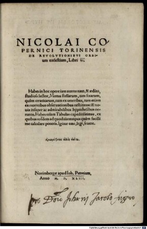 Nicolai Copernici Torinensis De Revolvtionibvs Orbium coelestium, Libri VI.