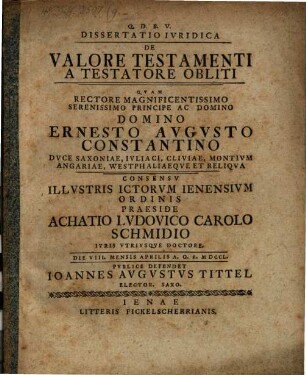 Dissertatio Ivridica De Valore Testamenti A Testatore Obliti