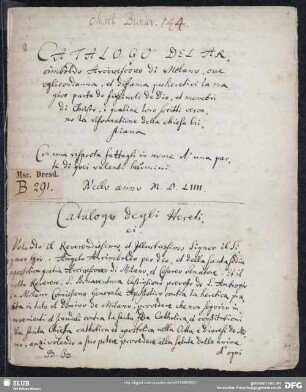Catalogo dell’Arcimboldo Arcivescovo di Milano - Mscr.Dresd.B.291