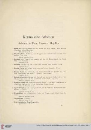 Arbeiten in Thon, Fayence, Majolika (Nr. 1-12)