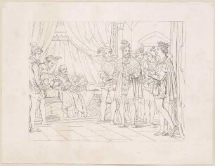 Zu Shakespeares "König Heinrich IV.", Teil 2, Blatt 11, 4. Akt, 4. Szene: Der König erwacht, Prinz Heinrich mit Krone auf dem Haupt tritt verwundert ein