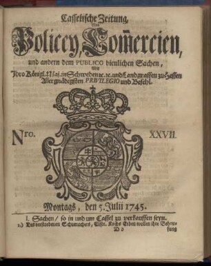 Nro. XXVII, Montags, den 5. Julii 1745