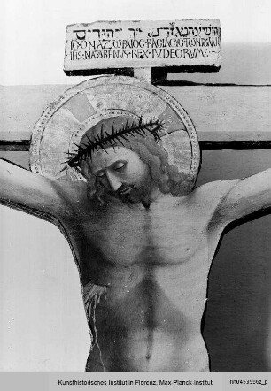 Christus am Kreuz mit den Heiligen Nikolaus von Bari und Franziskus