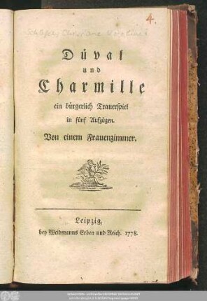 Düval und Charmille : ein bürgerlich Trauerspiel in fünf Aufzügen