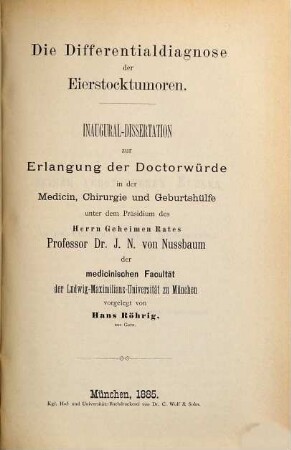 Die Differentialdiagnose der Eierstocktumoren : (Inaugural-Dissertation.)