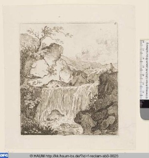 Italienische Landschaft mit Mutter und Kind an einem Wasserfall