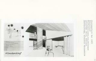 Kinderdorf am Stadtrand, Berlin-Heiligensee (Diplomarbeit bei Peter Poelzig): Dorfzentrum, Grundriss Erdgeschoss 1:200 und Perspektivische Ansicht Halle