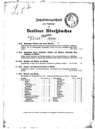 Inhaltsverzeichnis zum Nachtrag des Berliner Adreßbuches 1918