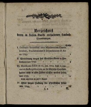 Verzeichniß deren in diesem Bande enthaltenen Landes-Verordnungen.