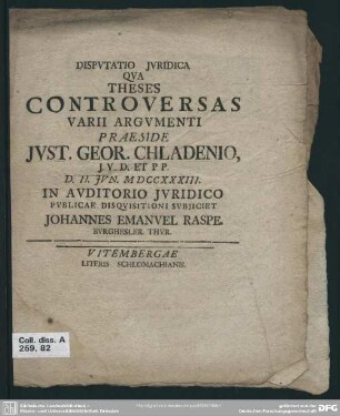 Disputatio Iuridica Qua Theses Controversas Varii Argumenti