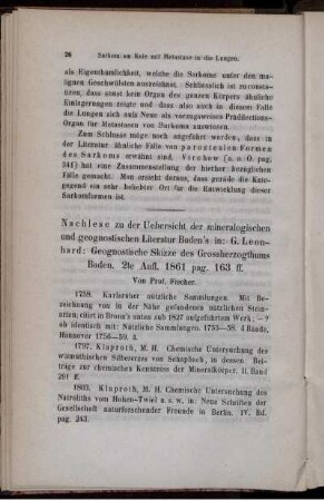 Nachlese zu der Uebersicht der mineralogischen und geognostischen Literatur Baden's in: G. Leonhard: Geognostische Skizze des Grossherzogsthums Baden...