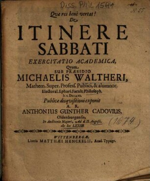 De Itinere Sabbati Exercitatio Academica