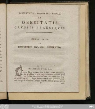 Dissertatio Inauguralis Medica De Obesitatis Caussis Praecipuis.
