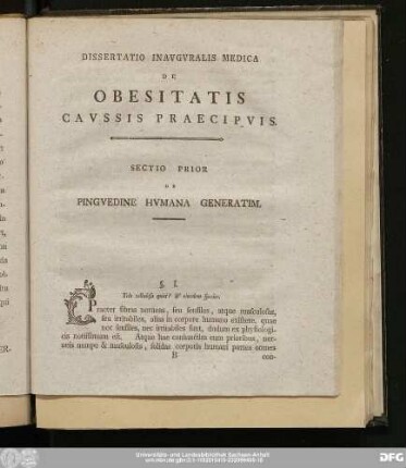 Dissertatio Inauguralis Medica De Obesitatis Caussis Praecipuis.