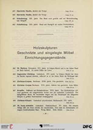 Holzskulpturen. Geschnitzte und eingelegte Möbel. Einrichtungsgegenstände (Nr. 463-551)