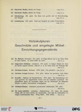 Holzskulpturen. Geschnitzte und eingelegte Möbel. Einrichtungsgegenstände (Nr. 463-551)