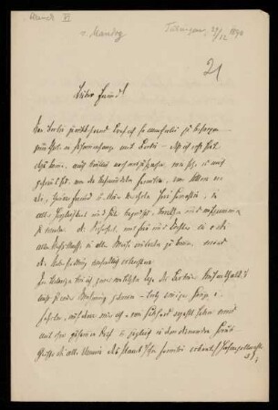 Brief von Gustav Mandry an Gottlieb Planck, Tübingen, 29.12.1890