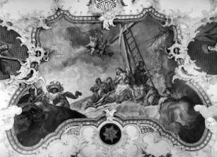 Kreuzabnahme : Kreuzabnahme. Fresko (1747; J. G. Wolcker). Oberostendorf, Pfarrkirche Sankt Mariä Himmelfahrt