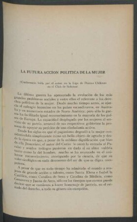 La futura acción política de la mujer : (Conferencia leída por el autor en la Liga de Damas Chilenas en el Club de Señoras)