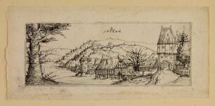 Flusslandschaft mit einer Ortschaft am rechten Ufer