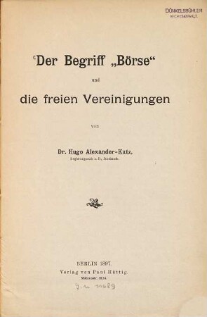 Der Begriff Börse und die freien Vereinigungen