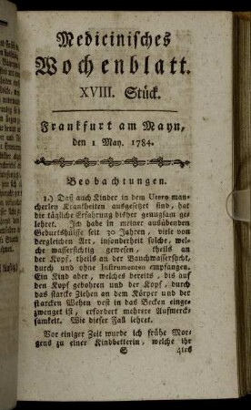 XVIII. Stück. Frankfurt am Mayn, den 1 May. 1784. - XXII. Stück. Frankfurt am Mayn, den 29 May. 1784.
