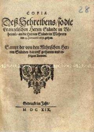 Schreiben der Böhmischen protestantischen Stände an die Stände in Mähren und deren Antwort