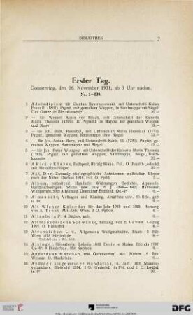 Erster Tag: Donnerstag, den 26. November 1931, ab 3 Uhr nachmittags (Nr. 1-233)