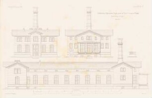 Städtisches Allgemeines Krankenhaus, Berlin-Friedrichshain: Ansichten einstöckiger Pavillon (aus: Atlas zur Zeitschrift für Bauwesen, hrsg. v. G. Erbkam, Jg. 25, 1875)