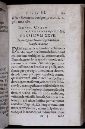 Consilium XXVII. In paralysi dextri lateris, pro quadam honesta matrona