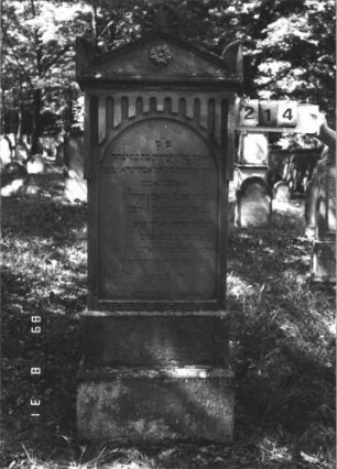 Grabstein 214 (Index: 99609850) Material: Sandstein Zustand: leicht verwittert Maße HxBxT: 192x69x30 cm Beschreibung: Stele, Giebelaufsatz mit Seitenakroteren, Mittelpalmette, Schriftfeld eingetieft mit Rundbogenabschluß, getreppter Sockel Symbolik: Rosette: Grabstein 214