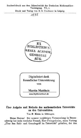 Über Aufgabe und Methode des mathematischen Unterrichts an den Universitäten