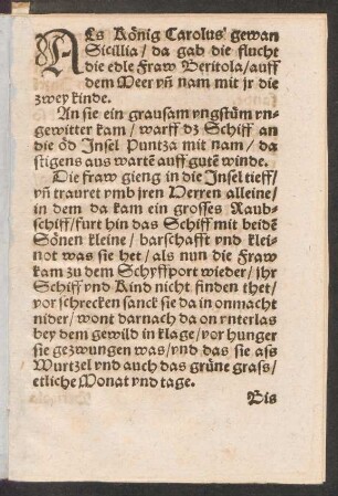 ALs König Carolus gewan || Sicilia/ da gab die flucht || die edle Fraw Beritola/
