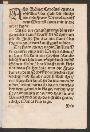 ALs König Carolus gewan || Sicilia/ da gab die flucht || die edle Fraw Beritola/