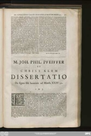 M. Ioh. Phil. Pfeiffer Et Christ. Klem Dissertatio De signo filii hominis ad Matth. XXIV:30.