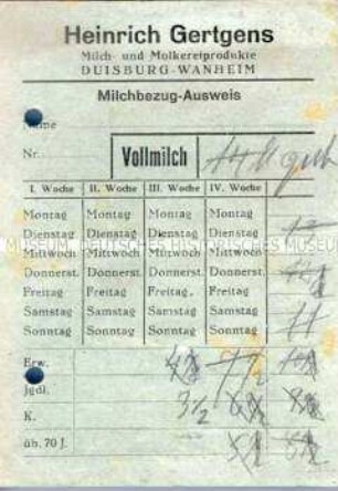 Berechtigungsausweis für den Bezug von Milch