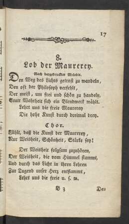 8. Lob der Maurerey. Nach beygedruckter Melodie.