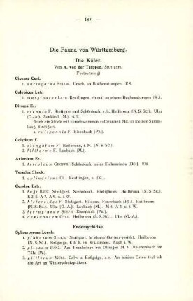 Die Fauna von Württemberg. Die Käfer. (Fortsetzung)