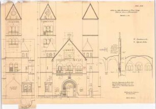 Dekanatskirche, Clerf (Clervaux): Detail der Vorderansicht und der Turmansicht 1:50