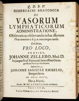 Dissertatio Anatomica De Vasorum Lymphaticorum Administratione, Observatis ac observandis in hac illorum Phoenomenis n. & p. n. eorumque causis