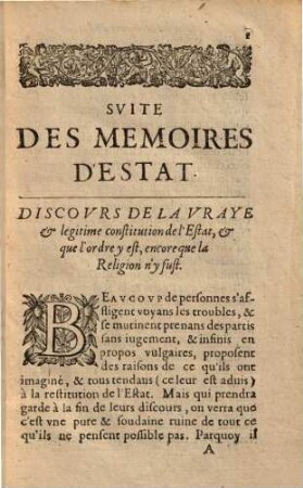 ... Volvme Des Memoires D'Estat : Recveillis De Divers manuscrits: En suite de ceux de Monsieur de Villeroy, viuant Conseiller d'Estat .... Seconde Volvme