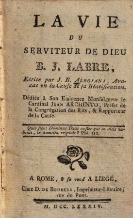 La vie du serviteur de dieu B. J. Labre