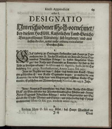 Loco Appendicis esto I. Designatio [...] bey [...] Land-Gericht/ Burggrafthums Nürnberg/ [...] extrahirter Gerichts-Fälle.